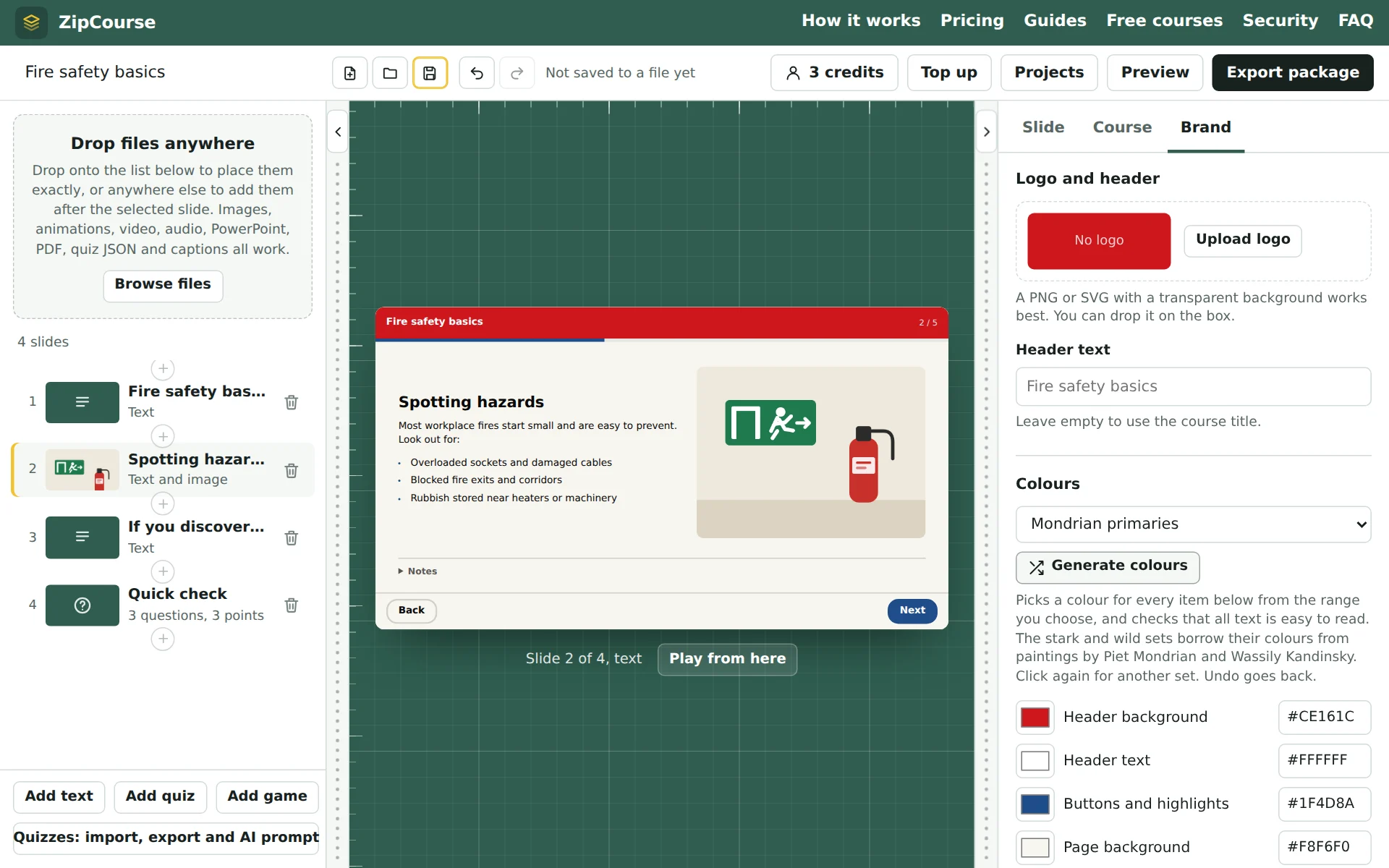 The Brand panel with a generated palette, showing the course header, buttons and page colours