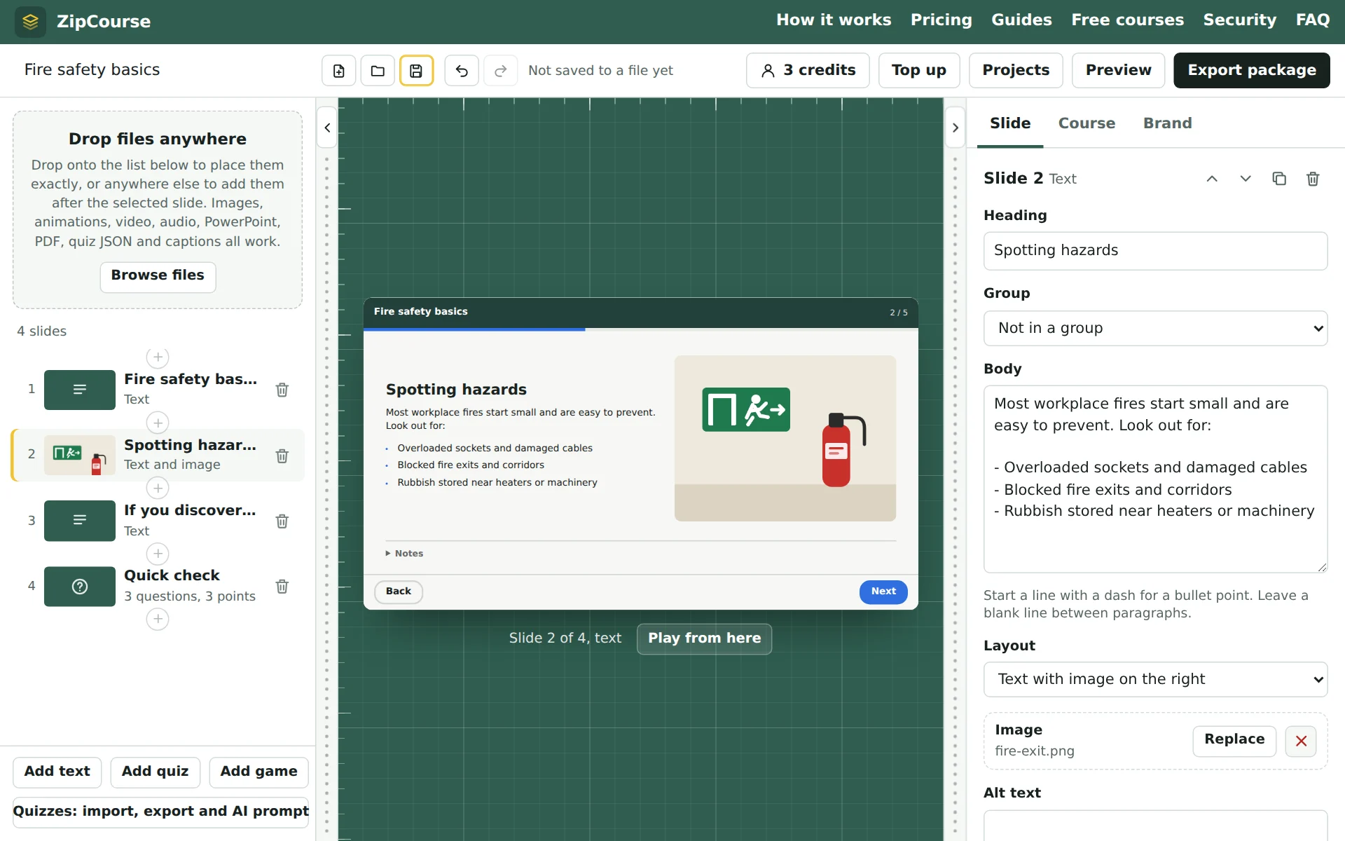 The ZipCourse editor: the list of slides on the left, the selected slide on a large stage, and its settings on the right