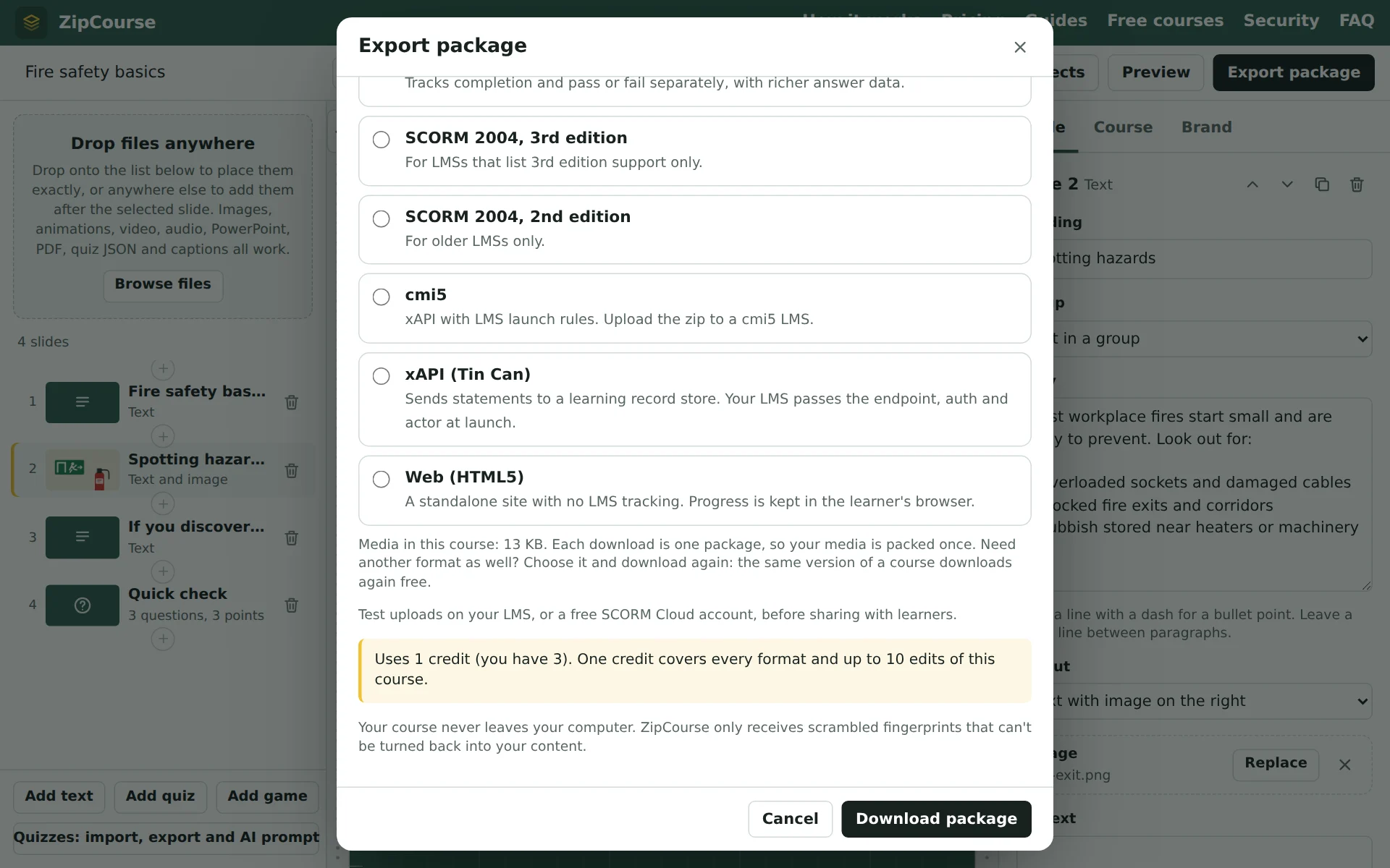 The export dialog, listing the package formats and what the export will cost