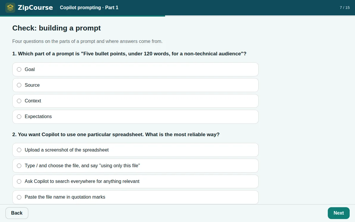 A quiz from part 1, in the course's own colours, with the ZipCourse logo in its header