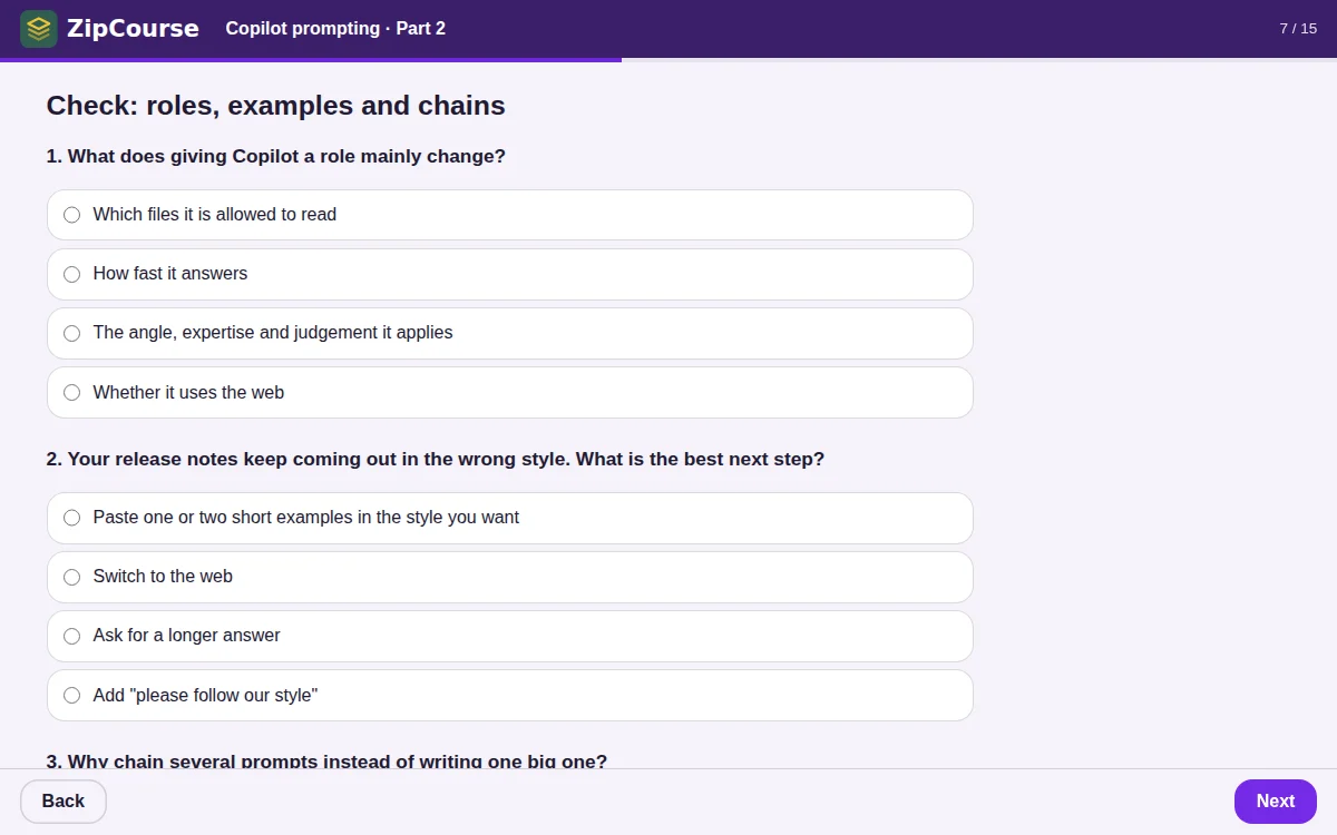 A quiz from part 2, in the course's own colours, with the ZipCourse logo in its header