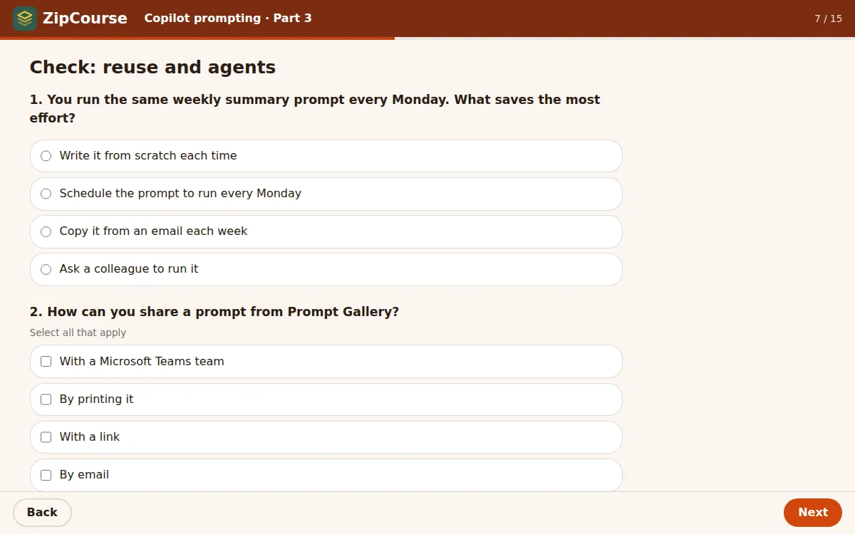 A quiz from part 3, in the course's own colours, with the ZipCourse logo in its header