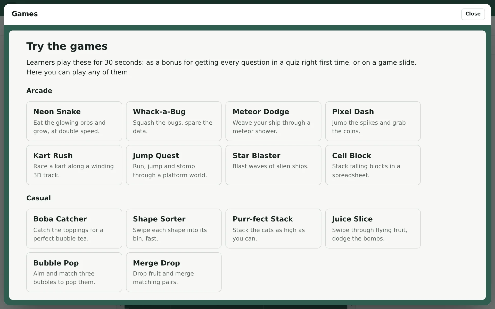 The Try the games window, listing the arcade and casual games, each with a line about it