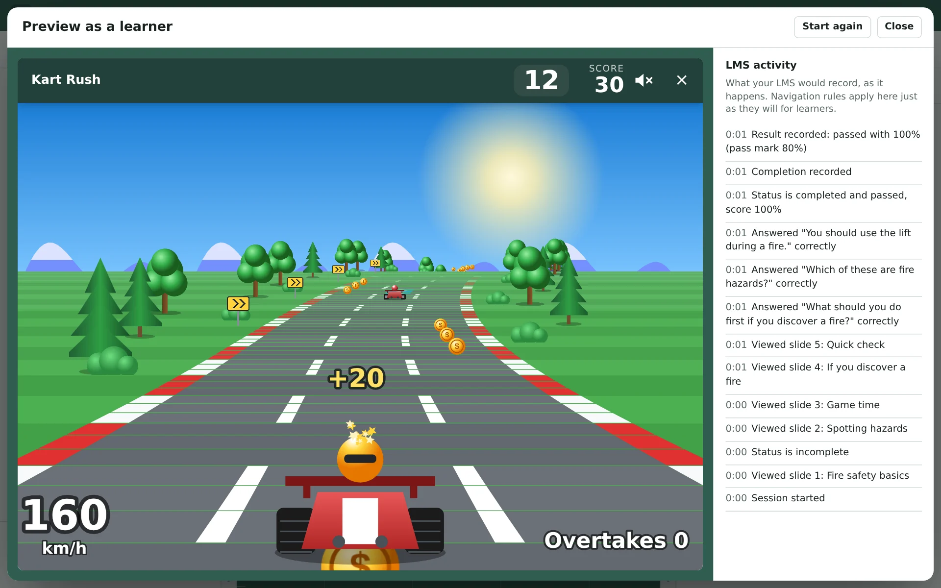 Kart Rush being played in Preview: a kart racing along a track lined with trees, with the seconds left and the score at the top, beside the LMS activity log