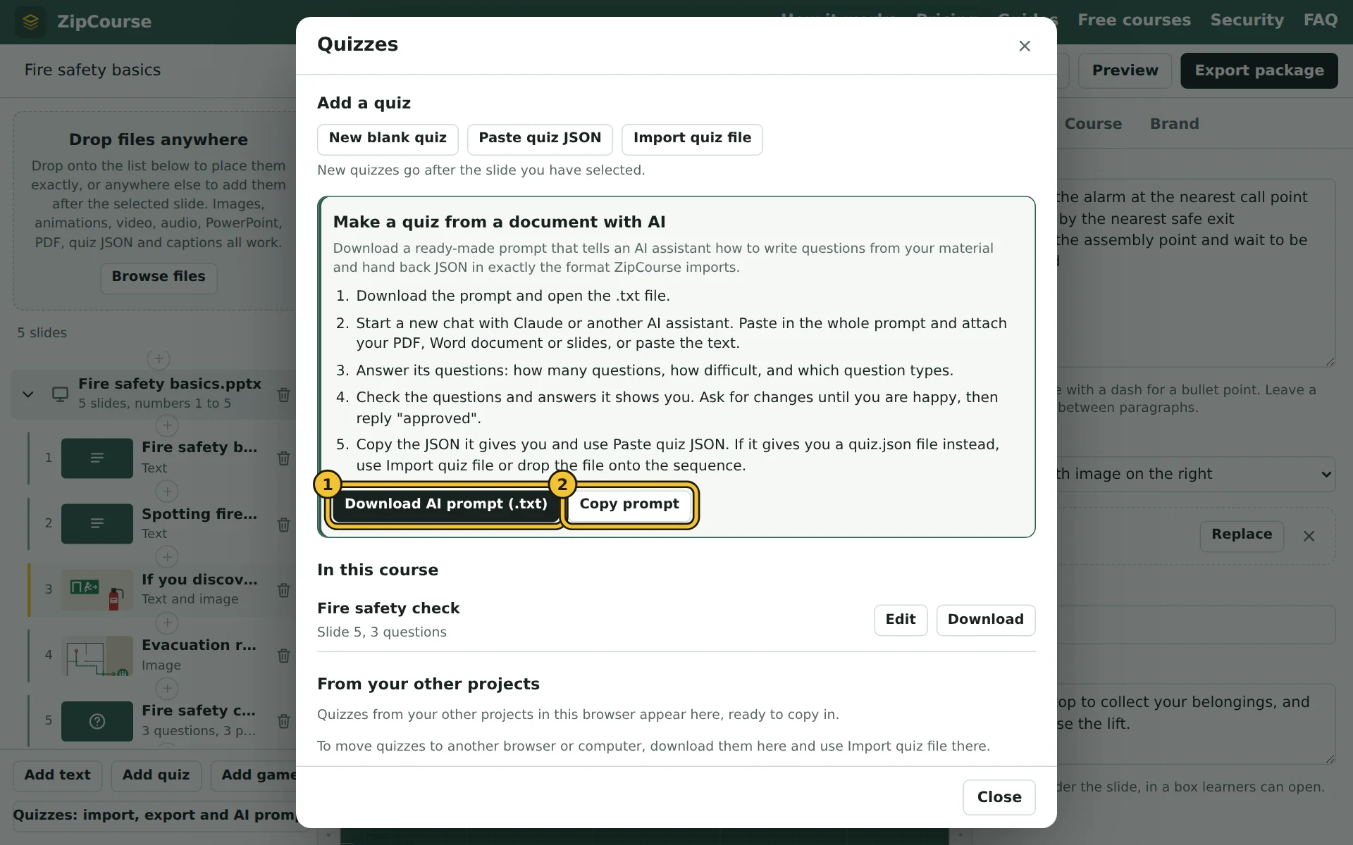 The Quizzes window, with its section on making a quiz with AI