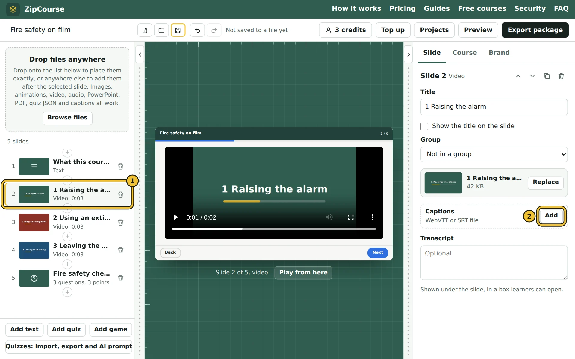 A video slide selected in the editor, with its captions setting on the right