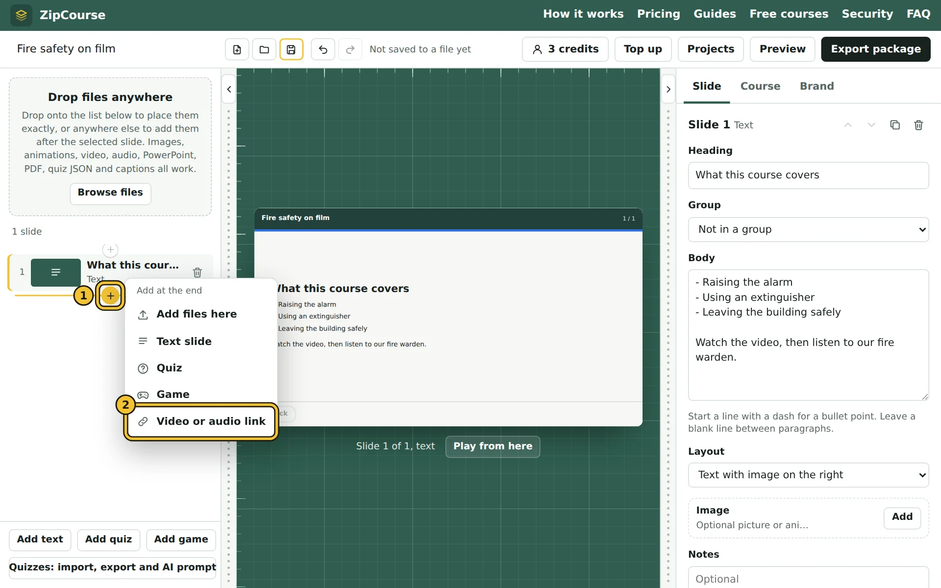The + button between slides, with its menu open