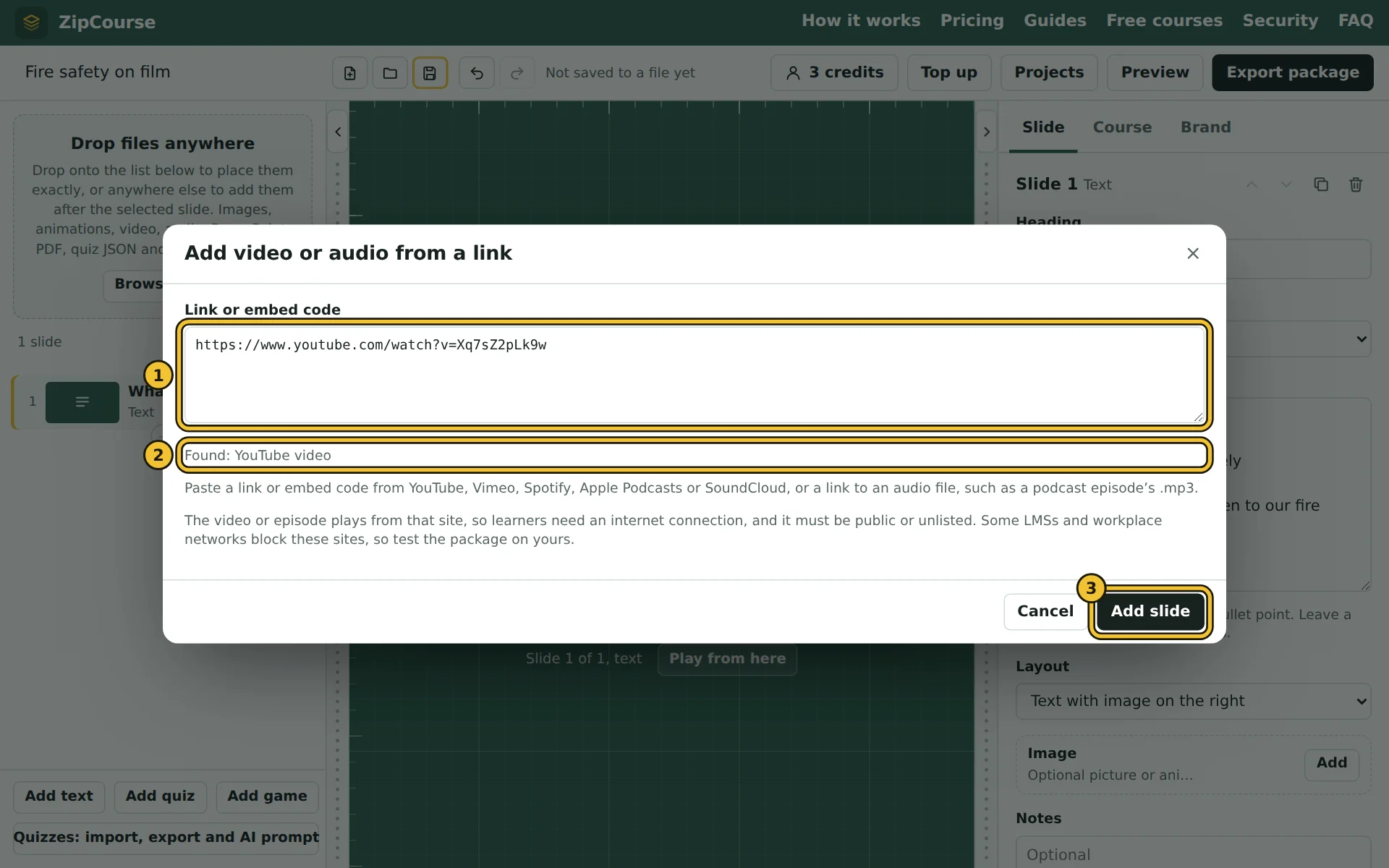 The Add video or audio from a link window, with a YouTube link pasted in