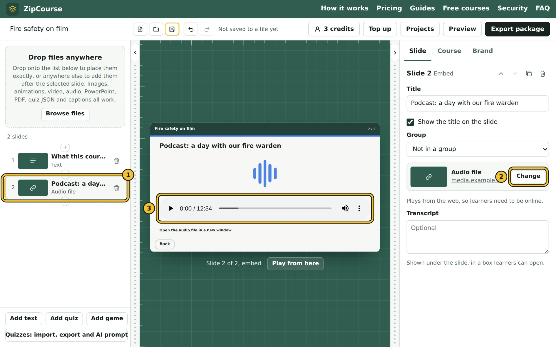 A podcast episode on its slide, played by the course's own audio player