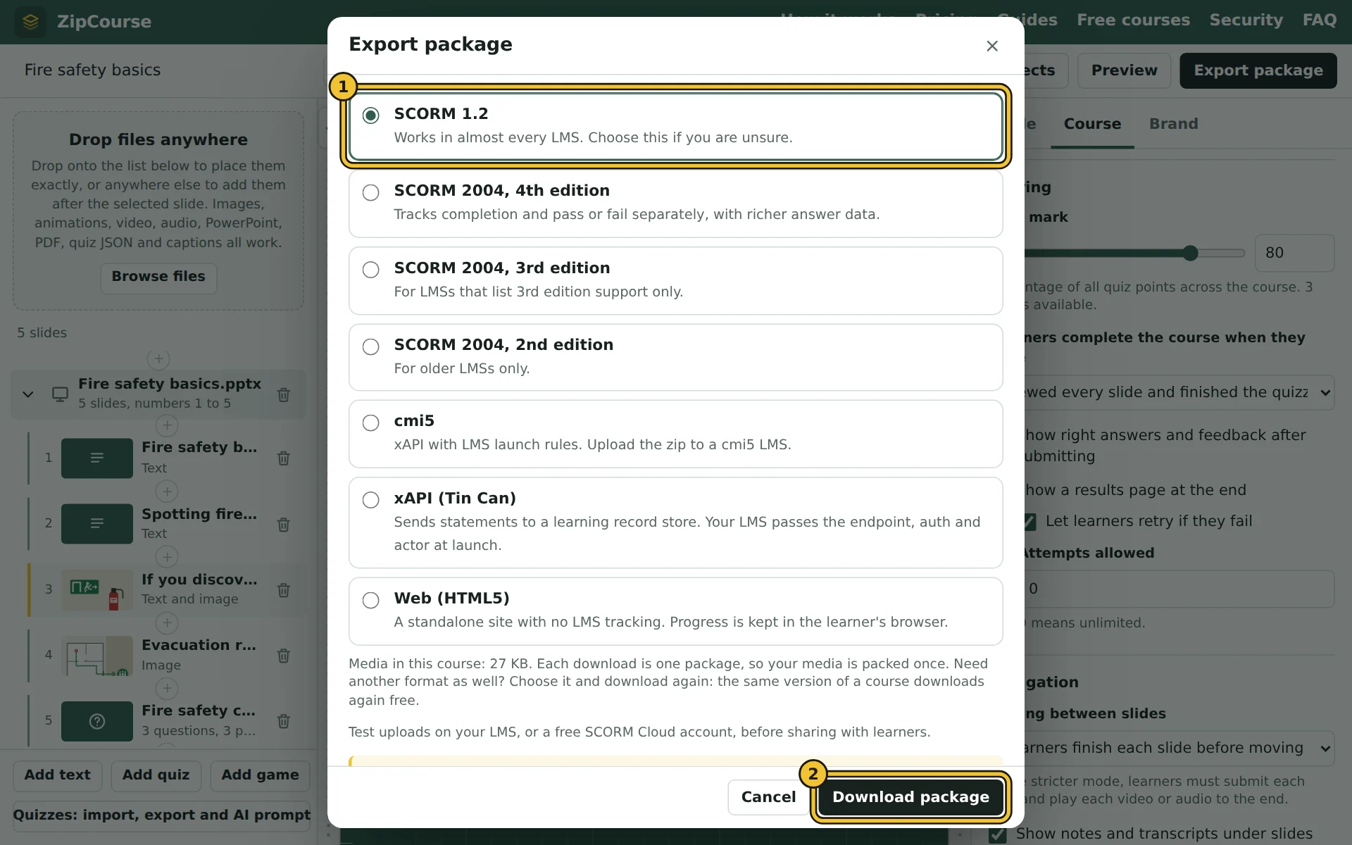 The Export package window, listing the formats