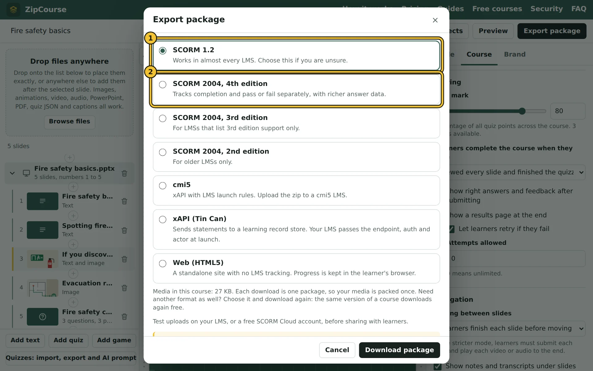The formats in the Export package window
