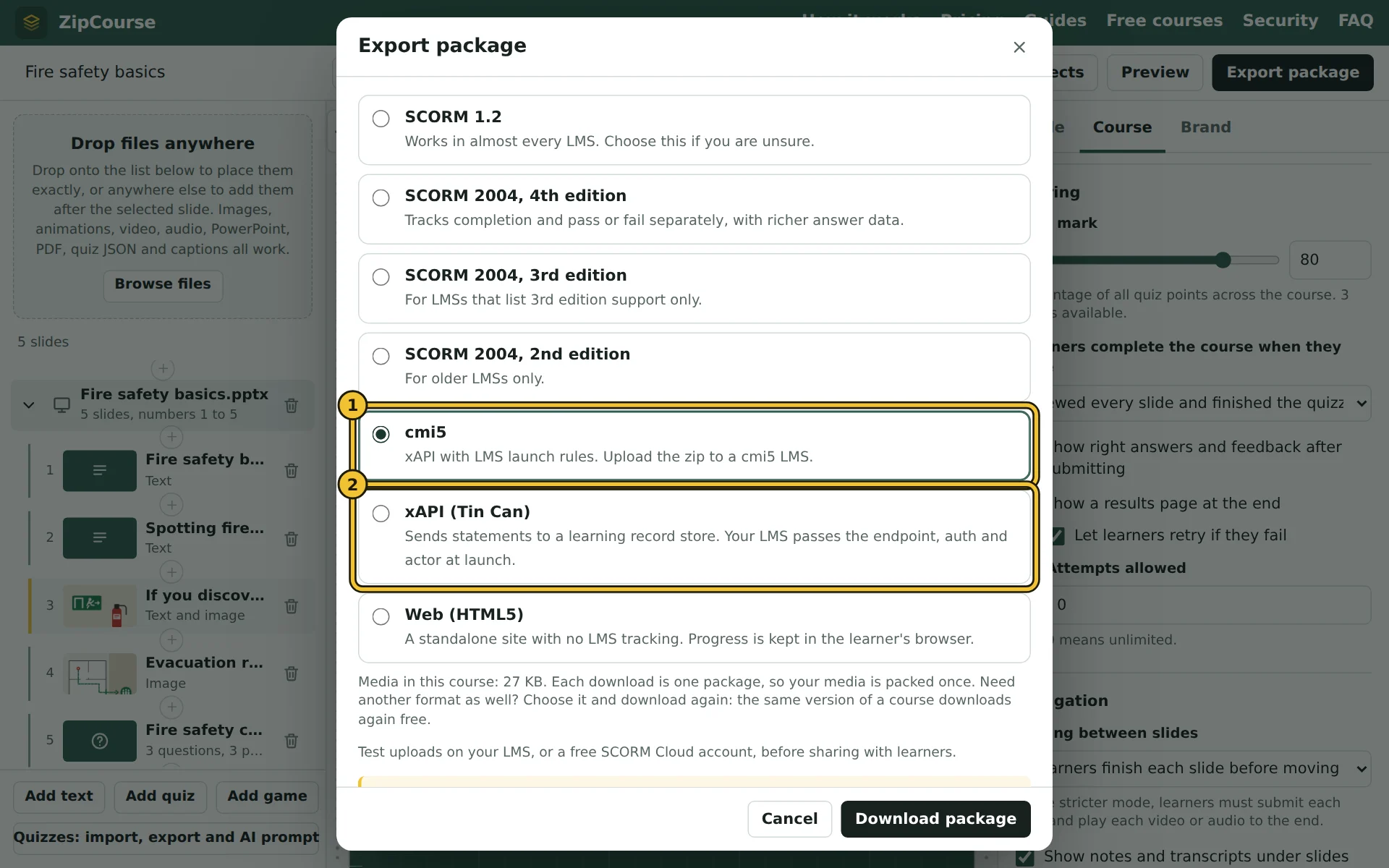 The formats in the Export package window, with cmi5 chosen