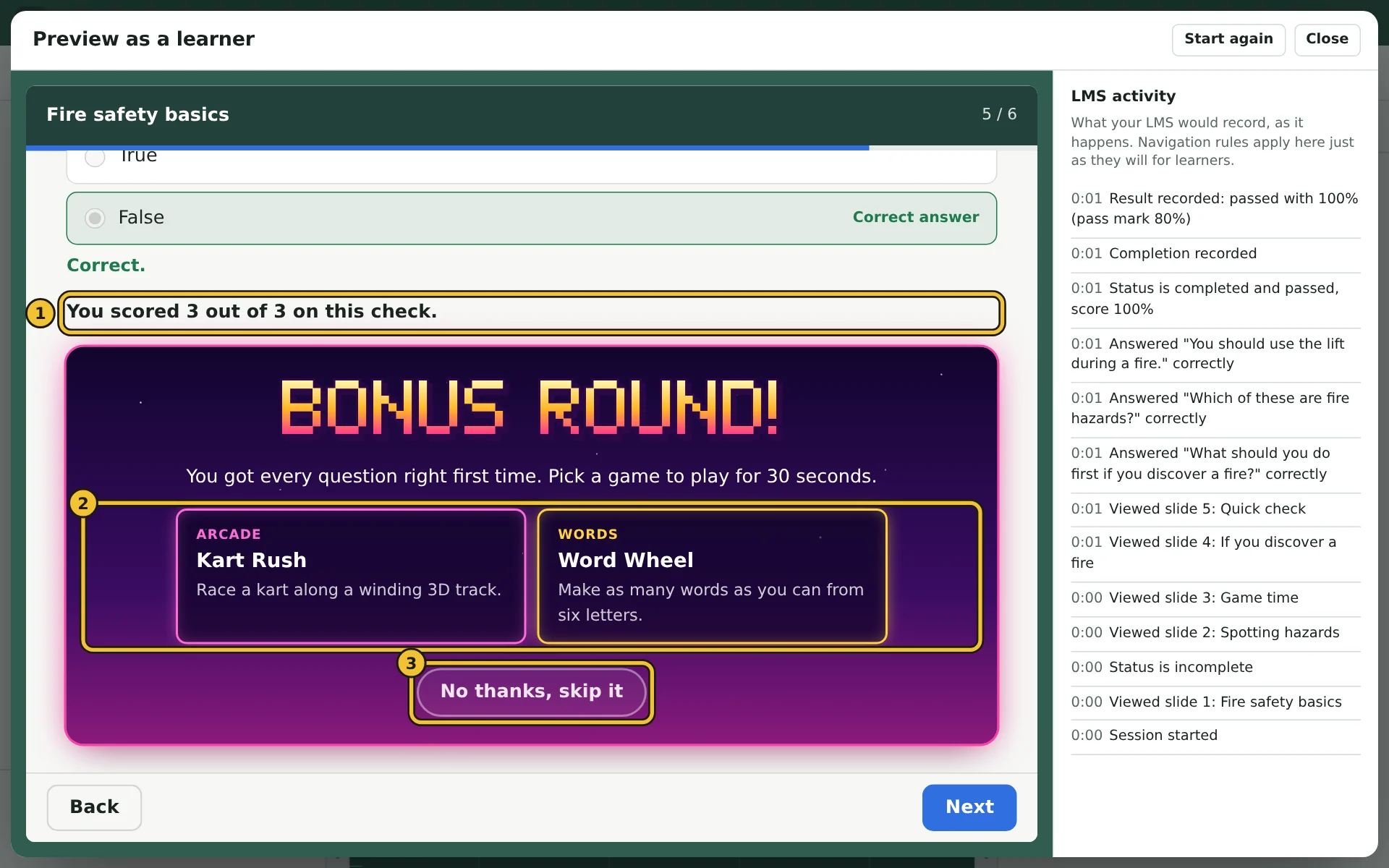Preview of a quiz answered perfectly, with a bonus round offering Kart Rush or Word Wheel