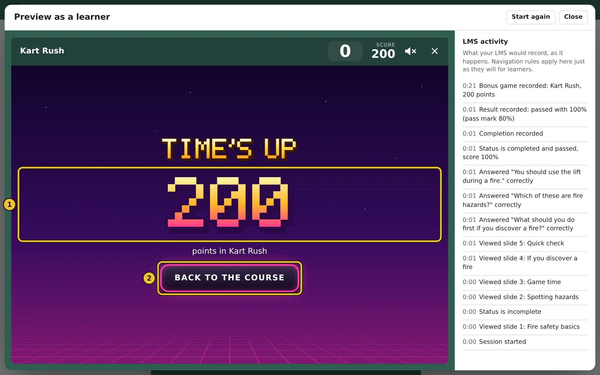 The end of a game: Time's up, the score of 120 points, and Back to the course
