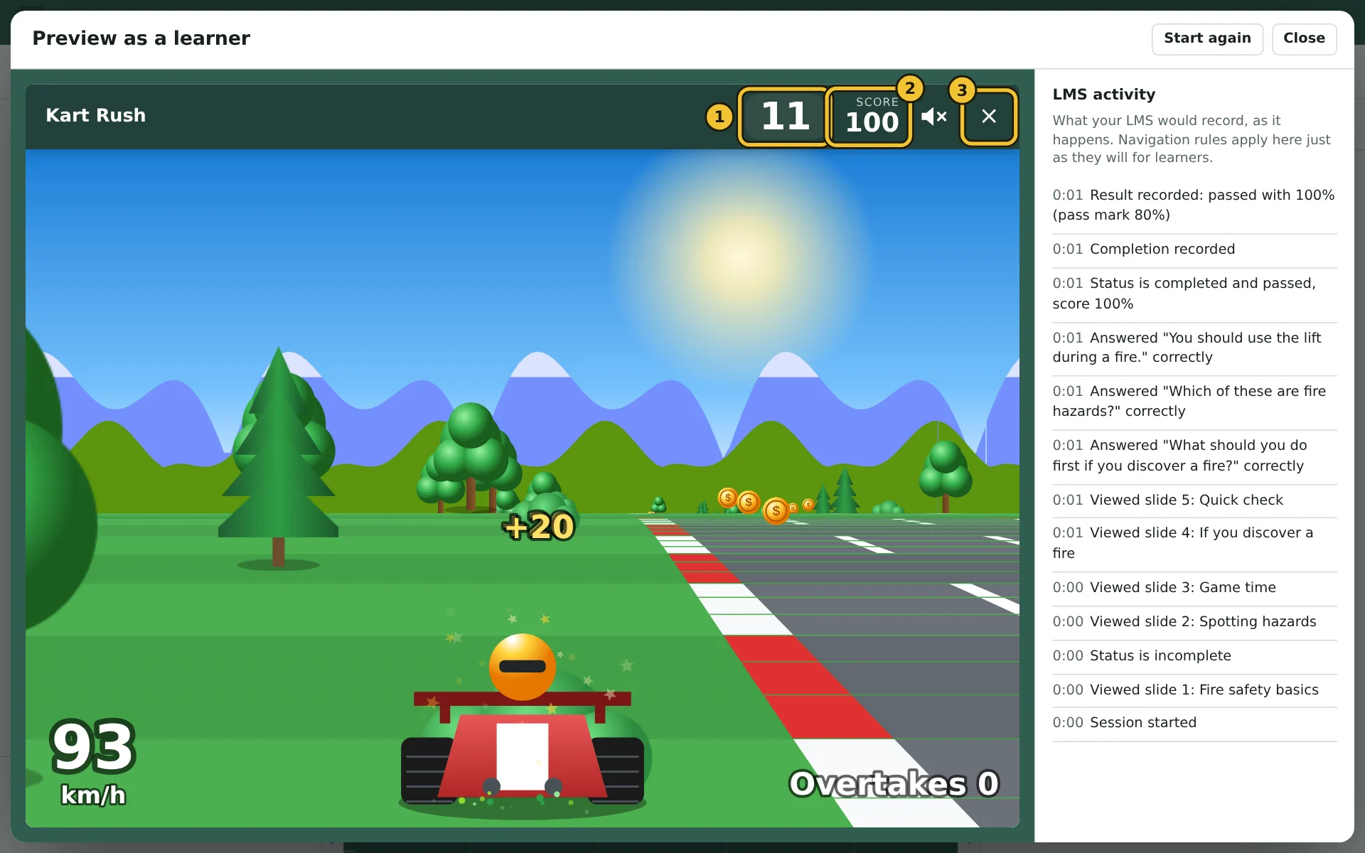 Kart Rush being played in Preview, with the seconds left and the score at the top