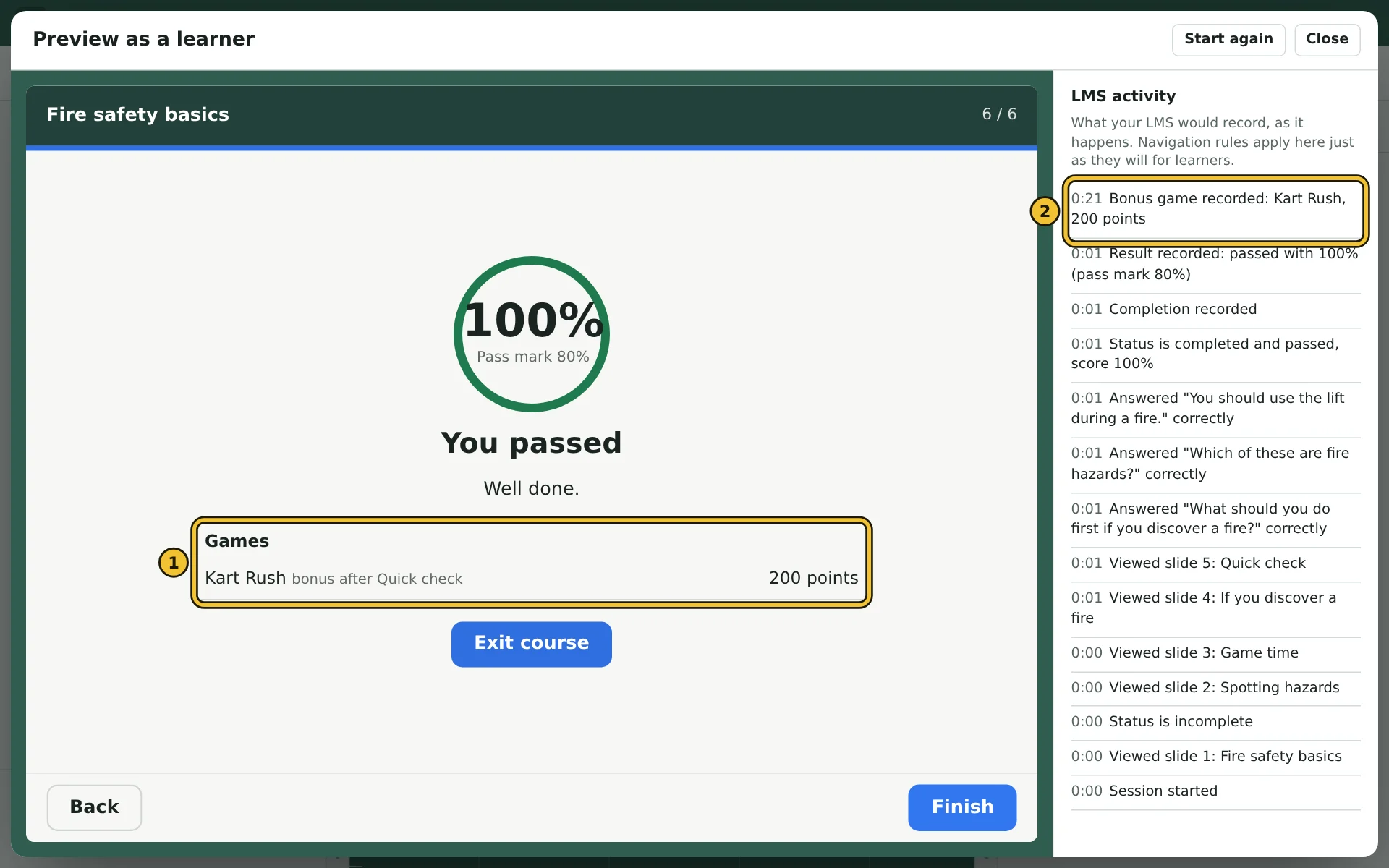 The results page in Preview, with a Games table, beside the LMS activity log