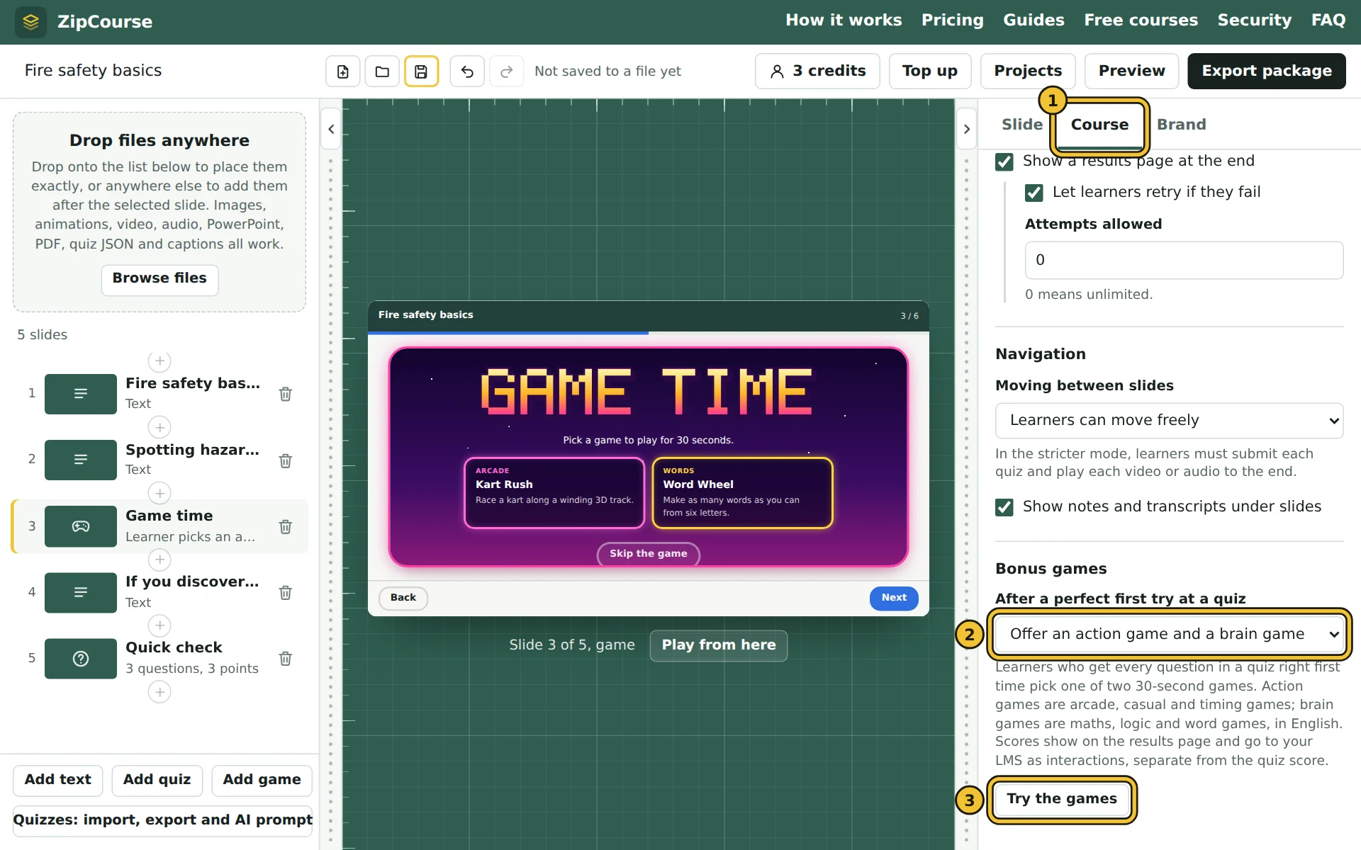 The Bonus games setting, at the end of the Course tab
