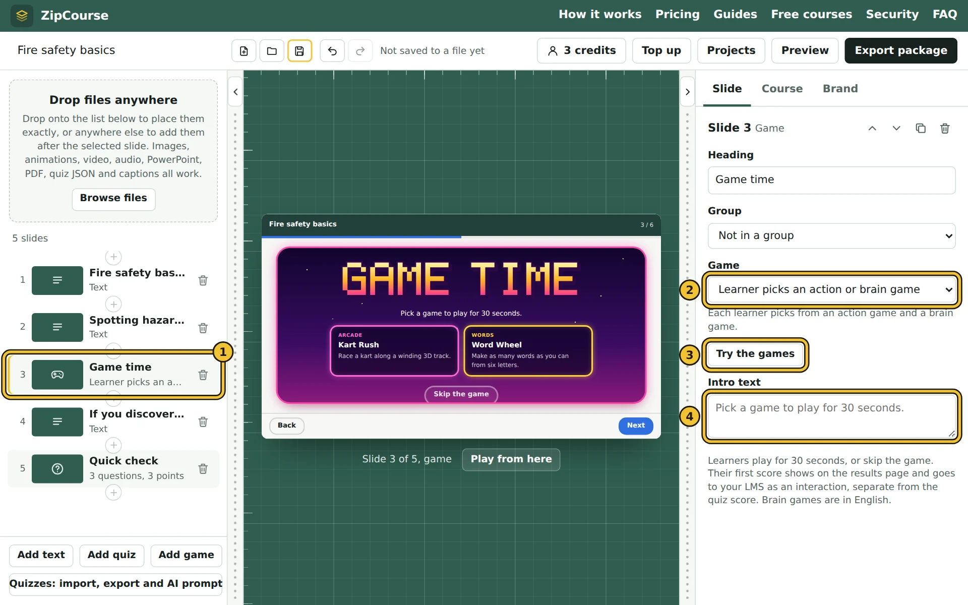 A game slide selected in the editor, with its settings on the right and the game choice on the stage