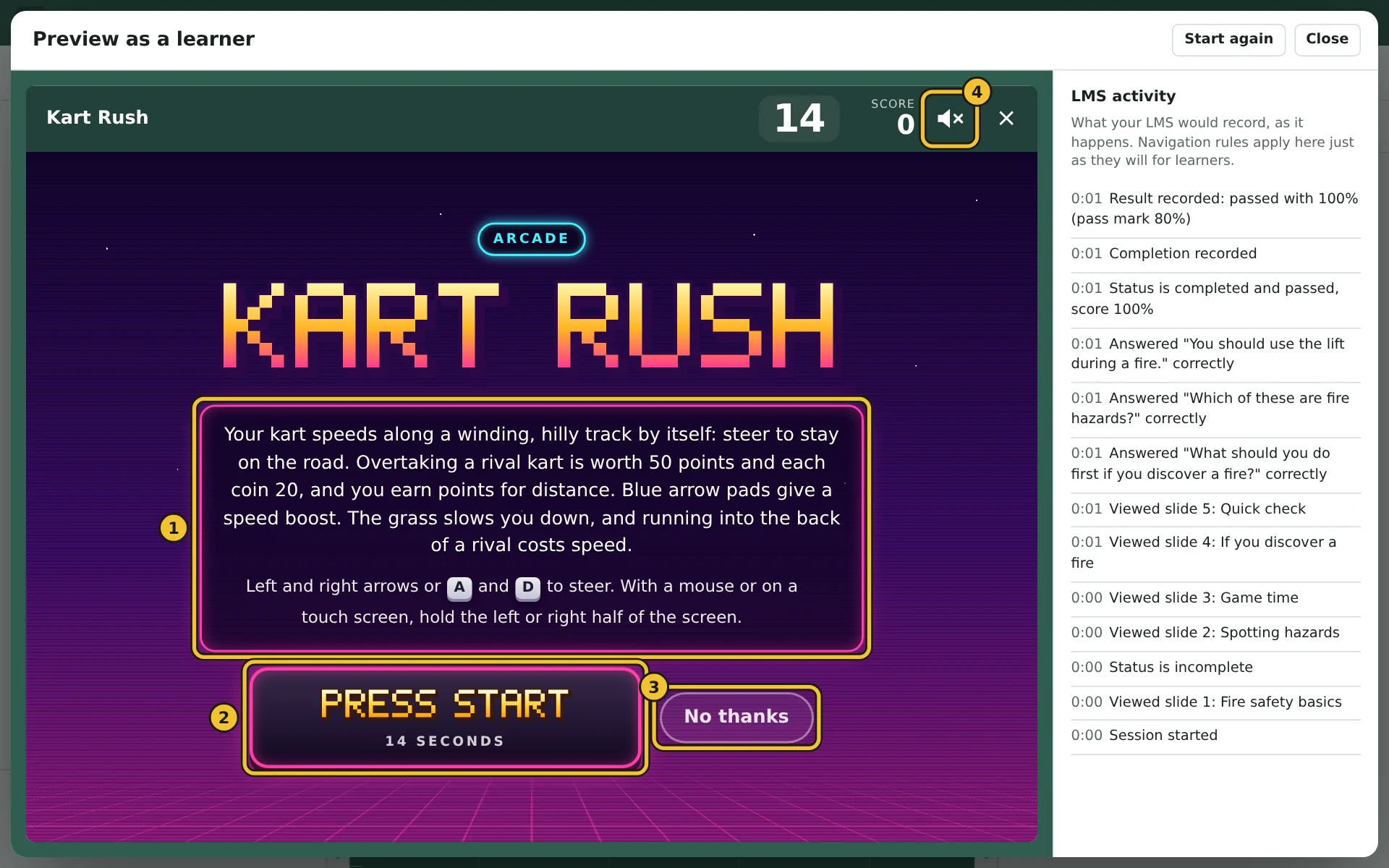 The start screen of Kart Rush, with how to play, Press start and No thanks