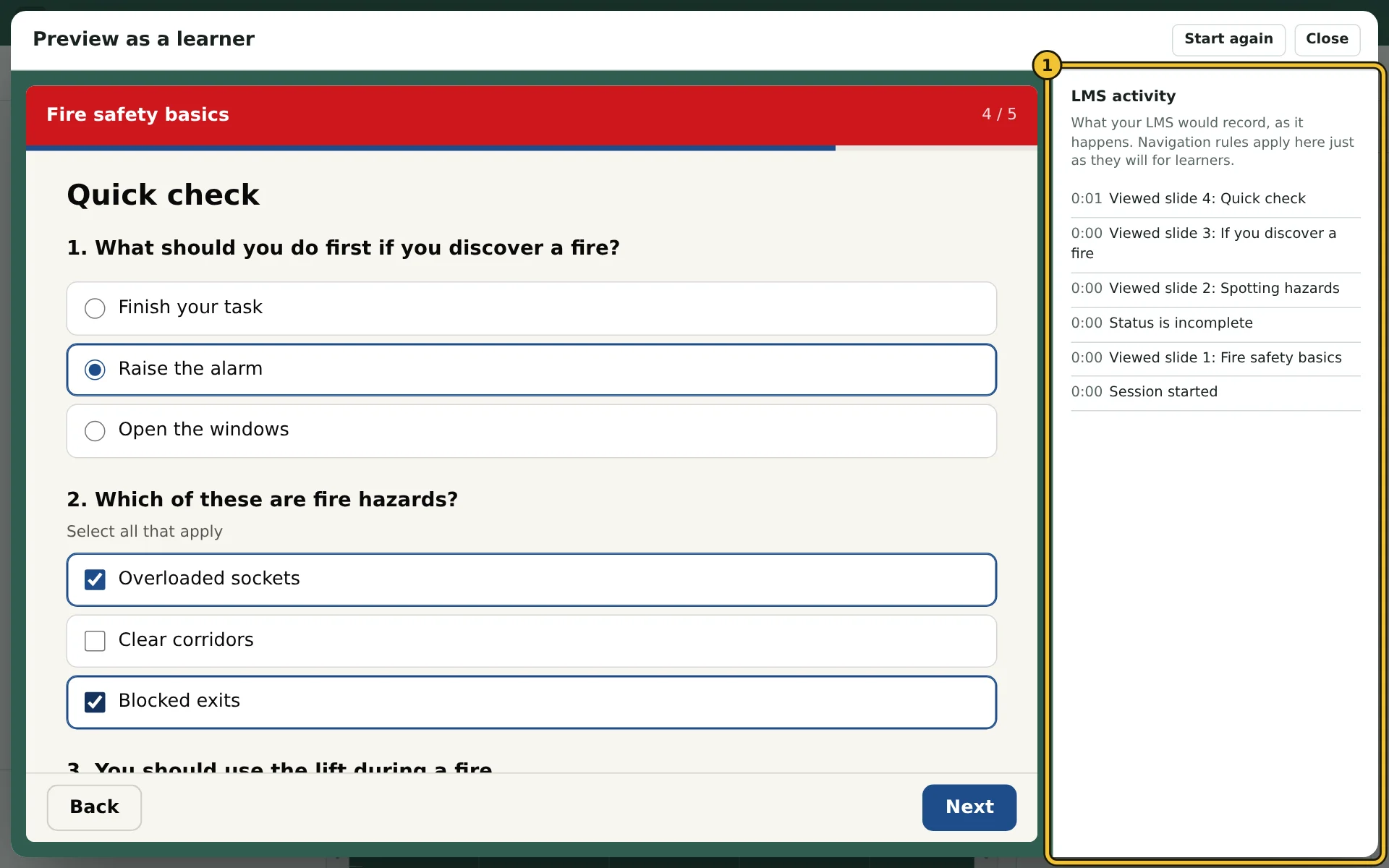 Preview, with a quiz on the left and the LMS activity log on the right