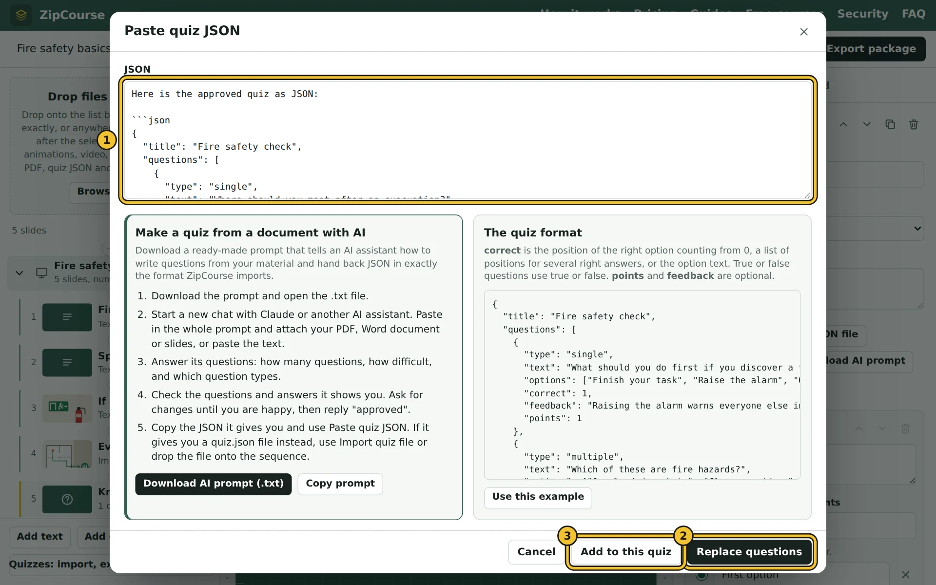 The Paste quiz JSON window, with an AI assistant's reply pasted in
