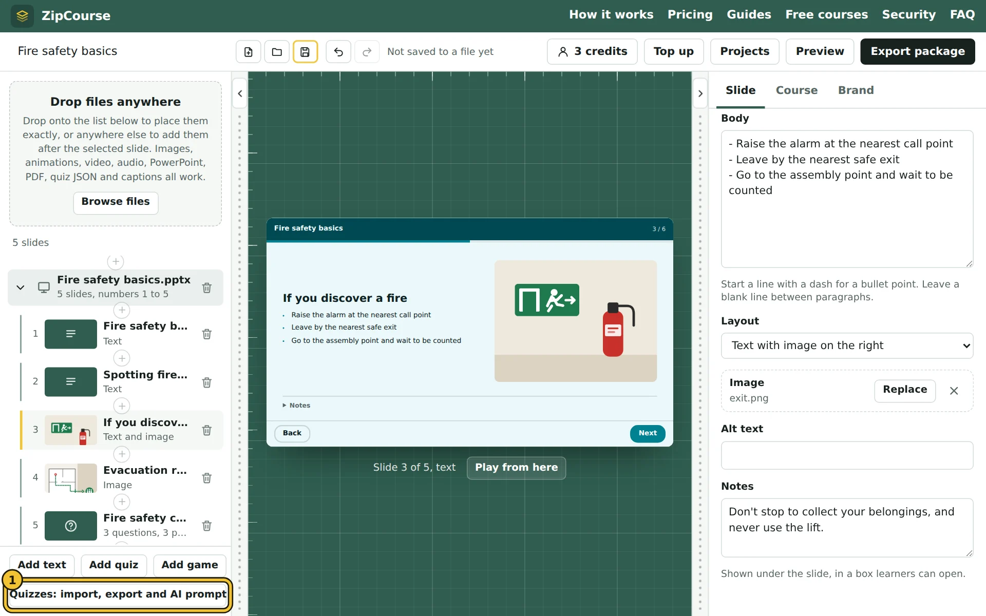 The editor, with the Quizzes button under the slide list