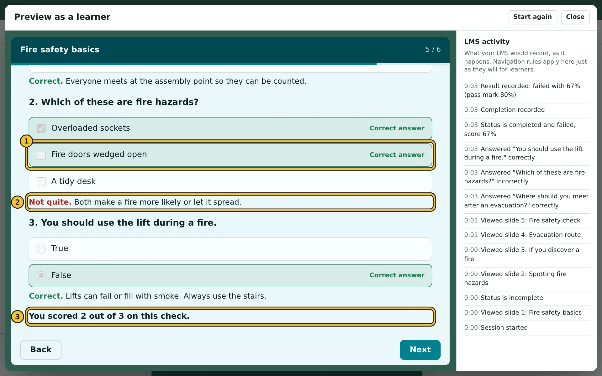 Preview of a submitted quiz, with the right answers marked and feedback shown