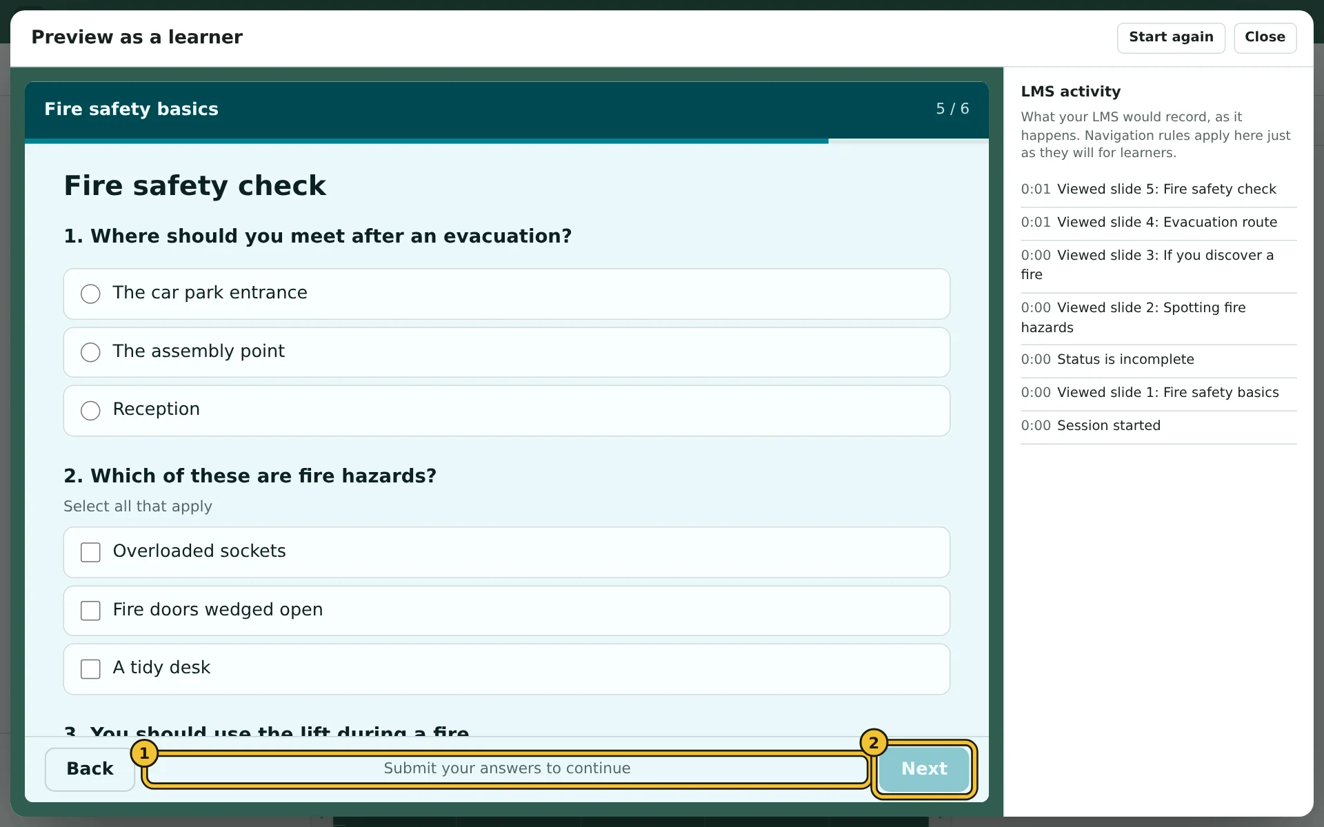 Preview of a quiz in the stricter mode, with Next unavailable