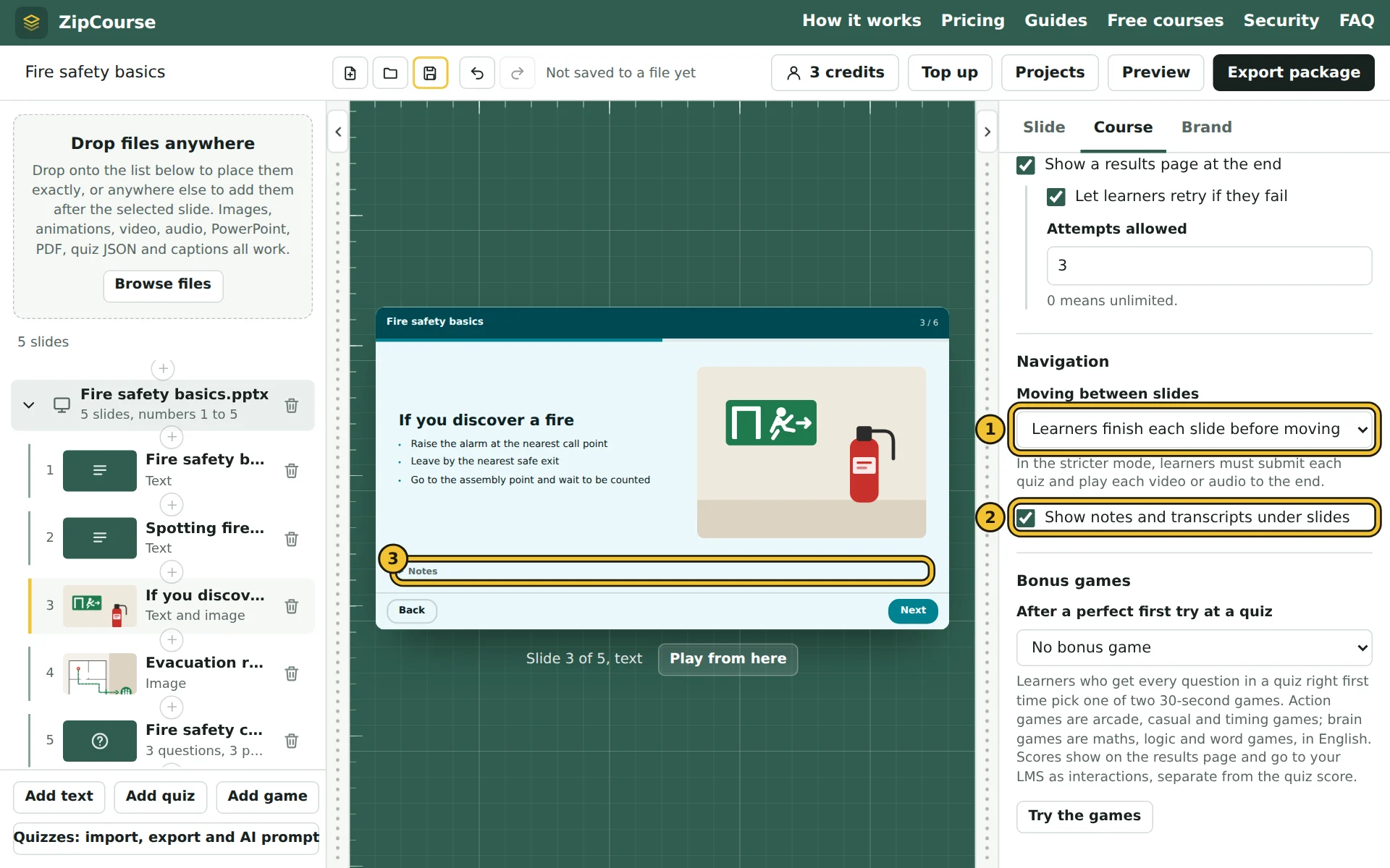 The Navigation settings in the Course tab, with a slide on the stage
