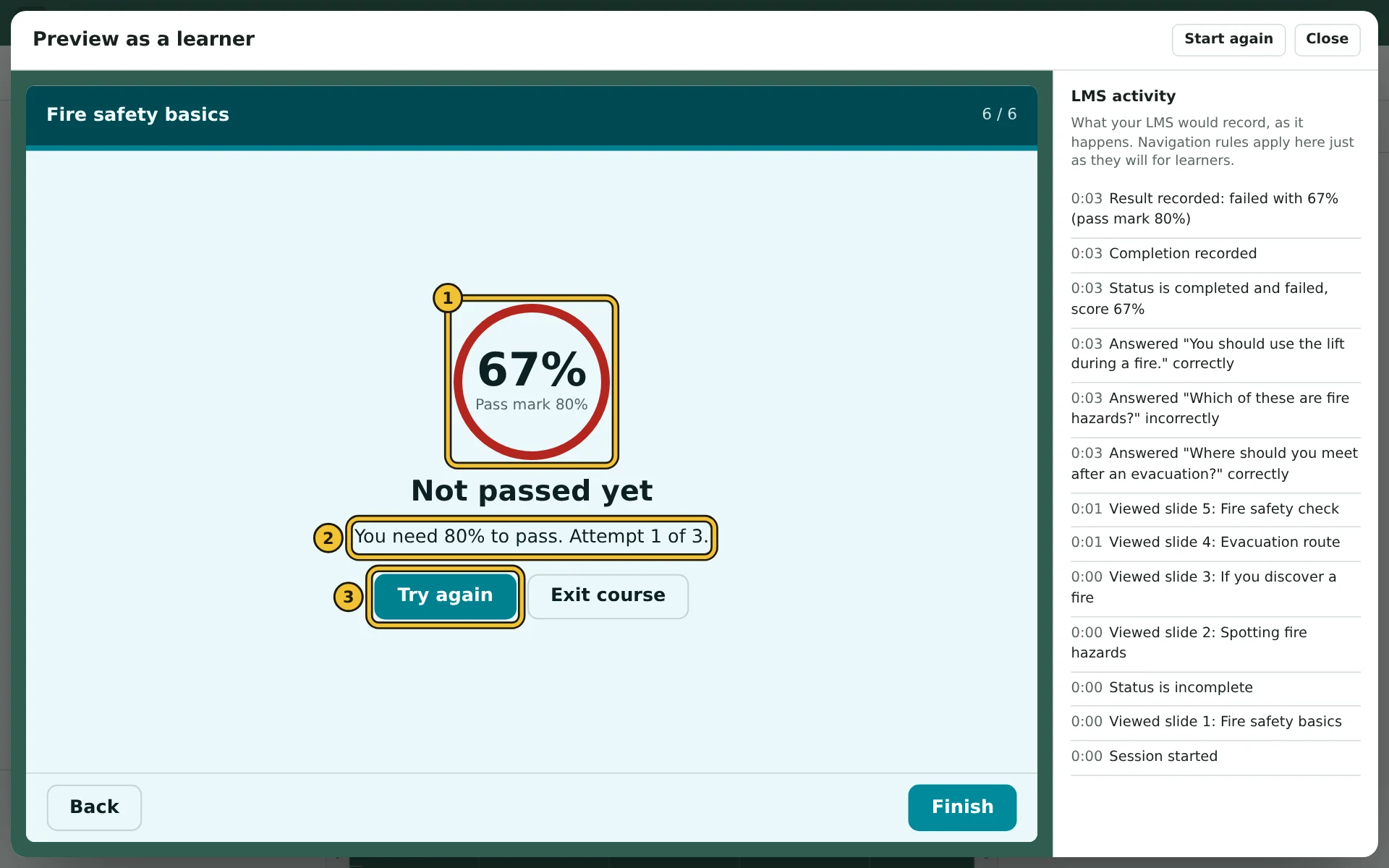 Preview of the results page after a failed attempt