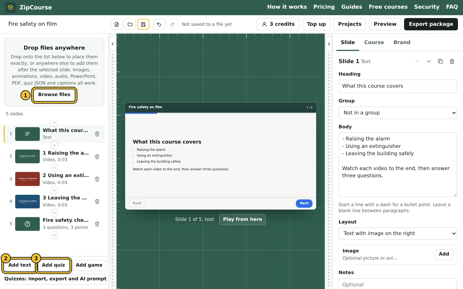 The editor with a short course in the slide list: an introduction, three videos and a quiz